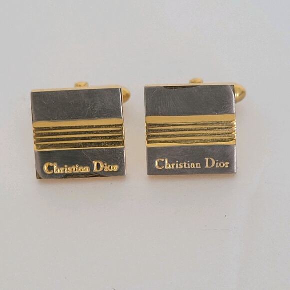 Christian Dior Gold Silver Tone Logo Cufflinks Vintage Square Designer - Picture 1 of 7